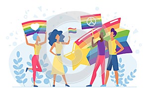 LGBT pride festival vector illustration. Cartoon flat homosexual characters holding rainbow flag and placards on parade