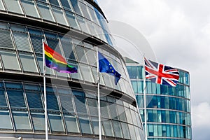 LGBT Pride Flag, EU Flag, and Union Jack