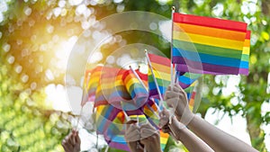 LGBT pride or LGBTQ+ gay pride with rainbow flag for lesbian, gay, bisexual, and transgender people human rights social equality