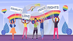 LGBT pride, march parade vector illustration, cartoon flat crowd of LGBT characters with rainbow flag and placard take