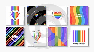 LGBT Pride Month Banners Collection. Set of vector templates square designed with Rainbow colors and Heart shapes for LGBT Pride.