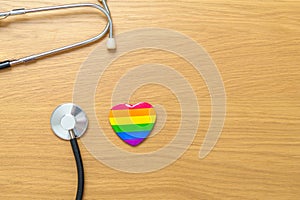 LGBT pride month concept or LGBTQ+ or LGBTQIA+. rainbow heart shape with Stethoscope for Lesbian, Gay, Bisexual, Transgender,