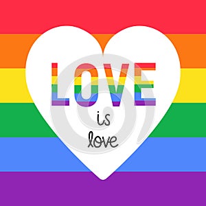 LGBT Pride Month long horizontal banner with colorful LGBTQ flag rainbow. Word LOVE and heart. Love is love concept