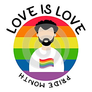 LGBT Pride Month. love is love. Beautiful man Gay on round LGBT pride flag in Rainbow colors. LGBTQ Symbol. Human rights