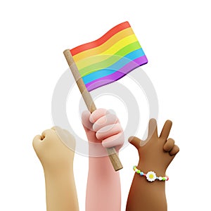 LGBT pride parade poster. Cartoon hands celebrating bisexual homosexual transgender equality. 3D rendered illustration.