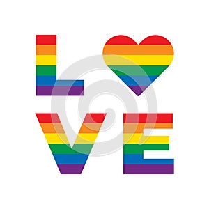 LGBT rainbow equality symbols. Love slogan. Love sign with rainbow lgbt flag heart isolated on white background.