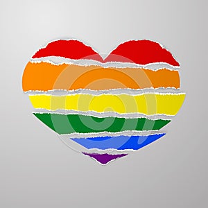 LGBT rainbow pride flag like torn paper stripes with ragged uneven ragged edges in shape broken heart vector on gray background.