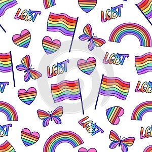 LGBT seamless pattern. Vector rainbow striped hearts, flag, butterfly isolated on white background