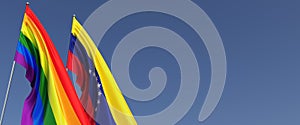 LGBT and Venezuelan flags on flagpole on blue background on side. Rainbow flag. Place for text. Caracas. LGBT community. 3d