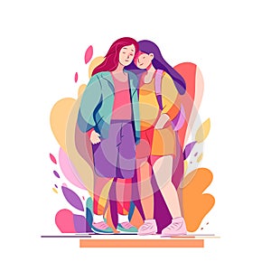 LGBT young women couple in bright rainbow background. Happy lesbian girls hugs together. Bisexual family design. Cartoon