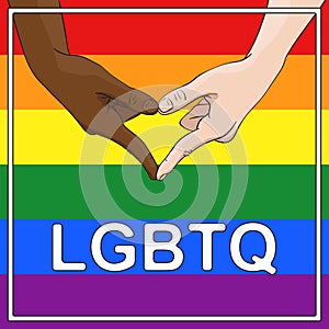 LGBTQ gay pride banner with text and multiracial hands showing heart shape gesture. Vector