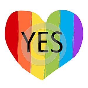 LGBTQ heart shaped rainbow flag with word YES