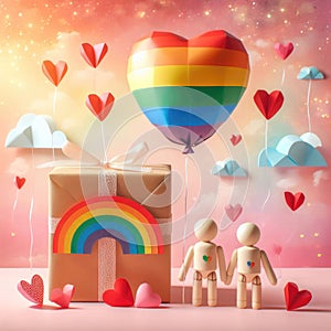 LGBTQ lovers gift box with a large rainbow heart balloon of rainbow colors