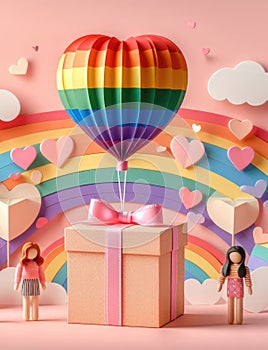 LGBTQ lovers gift box with a large rainbow heart balloon of rainbow colors
