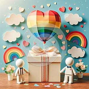 LGBTQ lovers gift box with a large rainbow heart balloon of rainbow colors