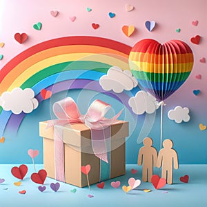 LGBTQ lovers gift box with a large rainbow heart balloon of rainbow colors