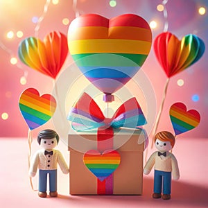 LGBTQ lovers gift box with a large rainbow heart balloon of rainbow colors