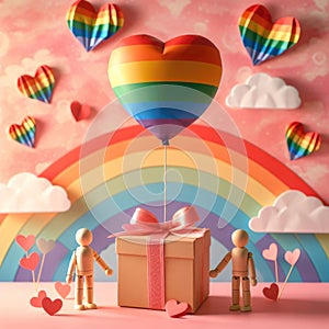 LGBTQ lovers gift box with a large rainbow heart balloon of rainbow colors