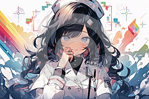 Lgbtq nurse anime girl portrait with rainbow colors peace symbol manga style illustration generative ai