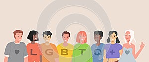 LGBTQ people vector flat illustration. Group of lesbian, gay, bisexual, transgender, and queer men and women.