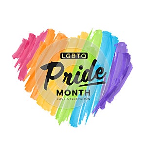 LGBTQ pride month banner text on colorful rainbow Heart Paint brush style vector design