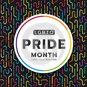 LGBTQ pride month circle banner on colorful rainbow conner curve line dash pattern texture and black background vector design