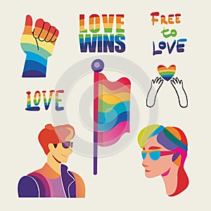 LGBTQ Pride Parade Set. Vector illustration of a gay pride parade. A group of people participating in the Pride parade