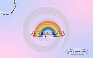 LGBTQ pride web banner design. Gradient mesh background with gay rainbow flag colored heart. Queer celebration poster