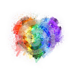 LGBTQ rainbow heart in the style of watercolor with splashes of paint and strokes.  Creative conceptual background symbol on a