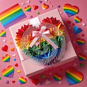 LGBTQ Valentine\'s Day with a gift box with large rainbow heart