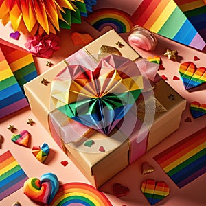 LGBTQ Valentine\'s Day with a gift box with large rainbow heart