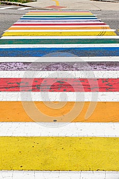 LGBTQI pride pedestrian crosswalk rainbow colors, copy space