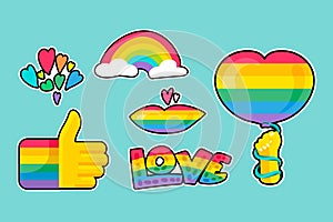 Lgbtqi rainbow pride different stickers set vector