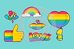 Lgbtqi rainbow pride different stickers set vector photo