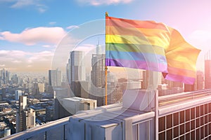 LGTB flag waving on a skyscraper, city cityscape at the background, LGTBQ community rainbow progress flag simbol with bright sun