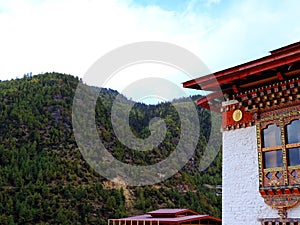 Lhakhang Karpo White temple in Haa valley located in Paro, Bhutan photo