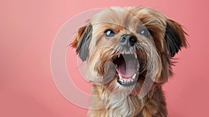 Lhasa Apso, angry dog baring its teeth, studio lighting pastel background