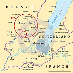 Large Hadron Collider LHC and Super Proton Synchrotron SPS, political map photo