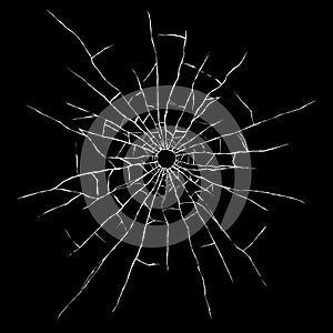 Bullet hole in glass isolated on black background. Cracked mirror texture.