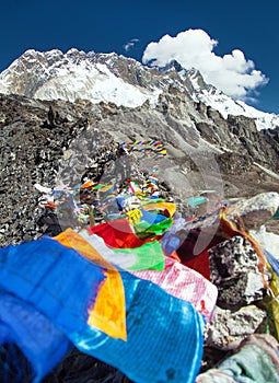 Lhotse peak with prayer flags from Kongma La pass