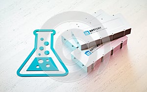 Li-Ion electric vehicle battery research concept. Scientific symbol with EV batteries on wooden desk. 3d rendering.