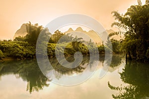 Li River scenery in misty morning