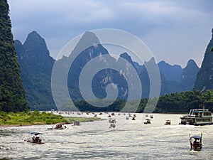 Li river tourists rafts photo