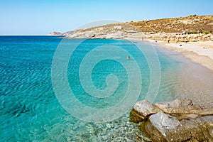 Lia Beach, wild and free beach in the south of Mykonos, Greece.