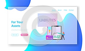 Liabilities Landing Page Template. Tiny Woman Sign Debentures Document Stand at Huge Credit Card. Unprofitable Property photo