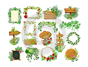 Liana branches frames. Rainforest leaves and tropical liana. Game elements plants of jungle and frames with space for text. Jungle