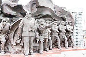 Chinese People's Volunteer Army Statues at Yalu River Short Bridge in Dandong, Liaoning, China.