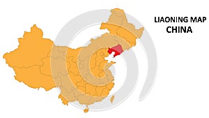 Liaoning province map highlighted on China map with detailed state and region outline