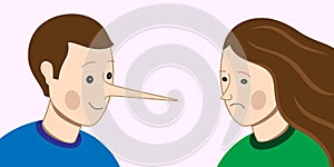 Liar man with long nose, cheating on partner woman. Dishonest relations concept vector illustration