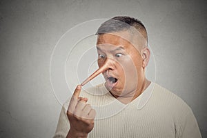 Liar man with long nose isolated on grey wall background